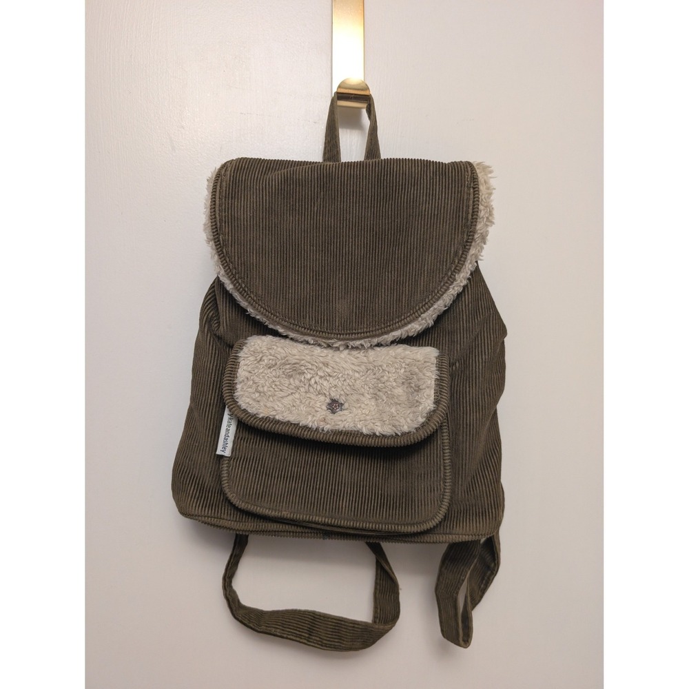 Mary-Kate and Ashley Corduroy Sherpa Backpack Olive Green Y2K Vintage Vacation